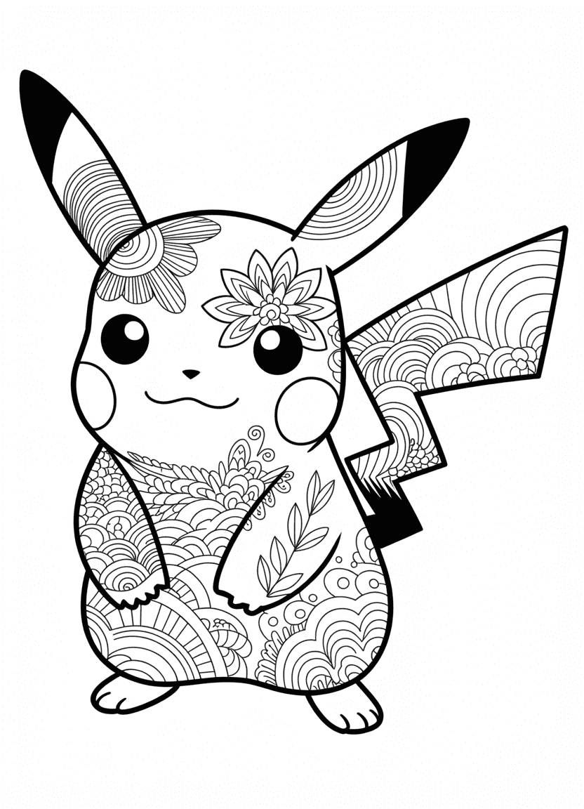 Zentangle-style Pikachu with detailed patterns covering its body.