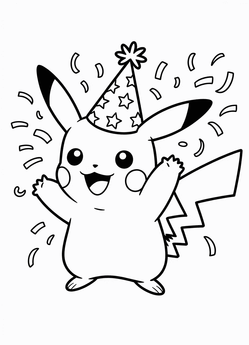 ikachu waving while wearing a party hat, ready for celebration.