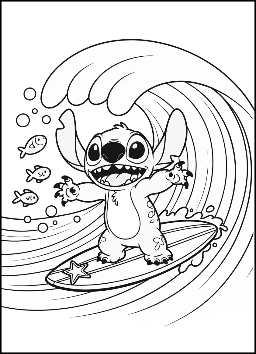 stitch surfing on a wave with a big smile