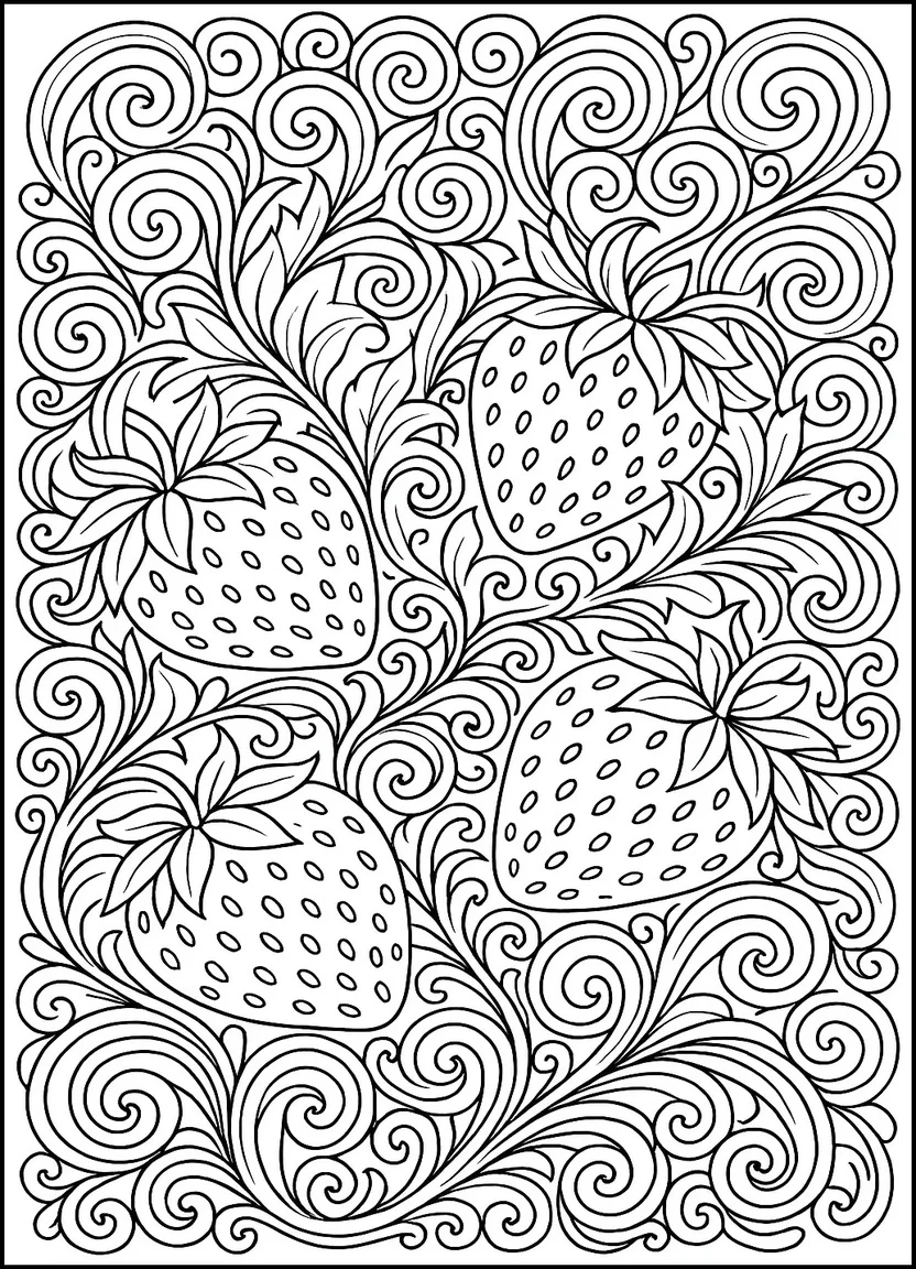 Abstract strawberry mandala with swirling leaves and intricate patterns for coloring