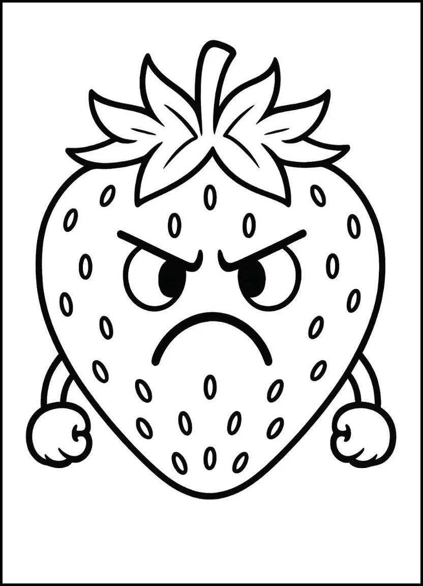 Angry strawberry character with frown and furrowed eyebrows for coloring