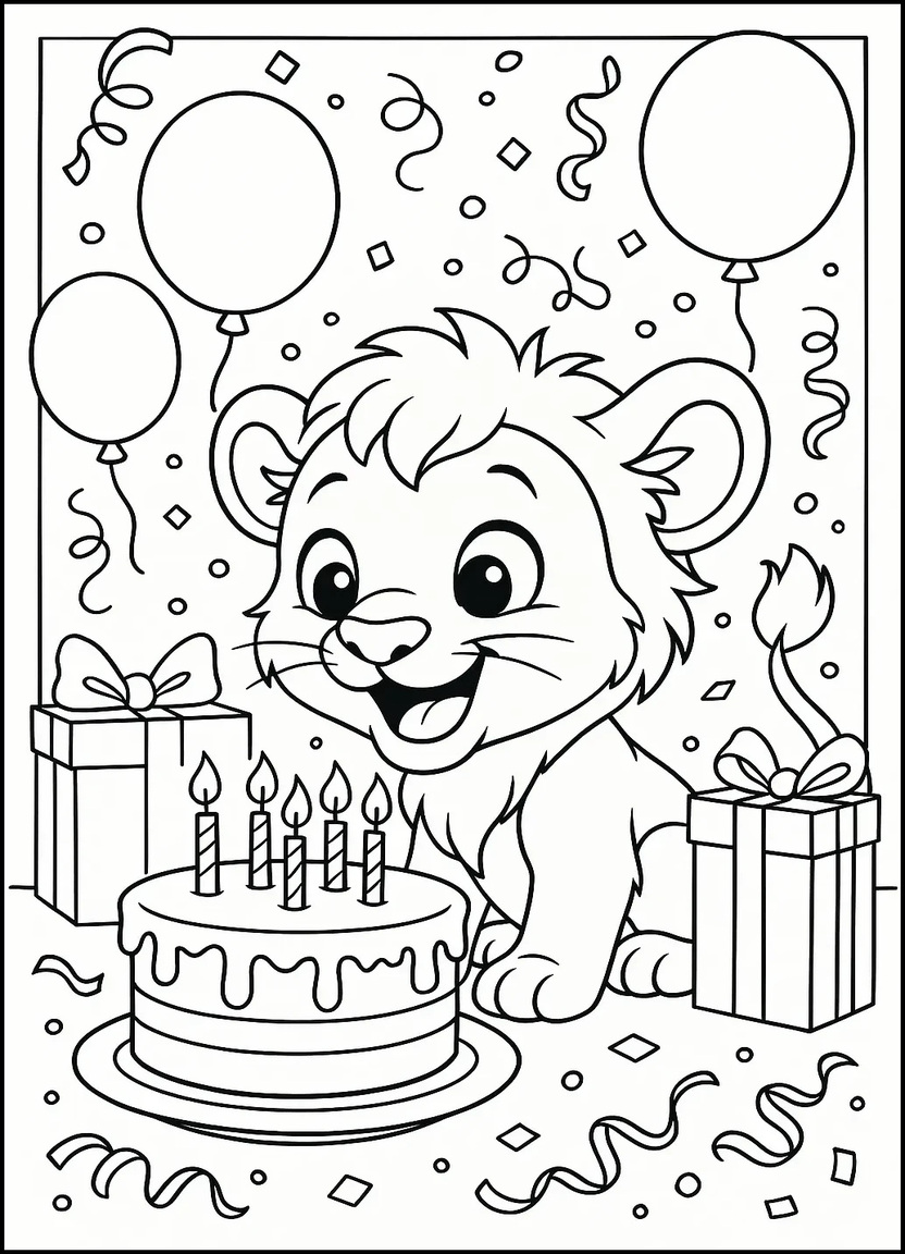 Baby lion blowing out birthday candles on a cake.