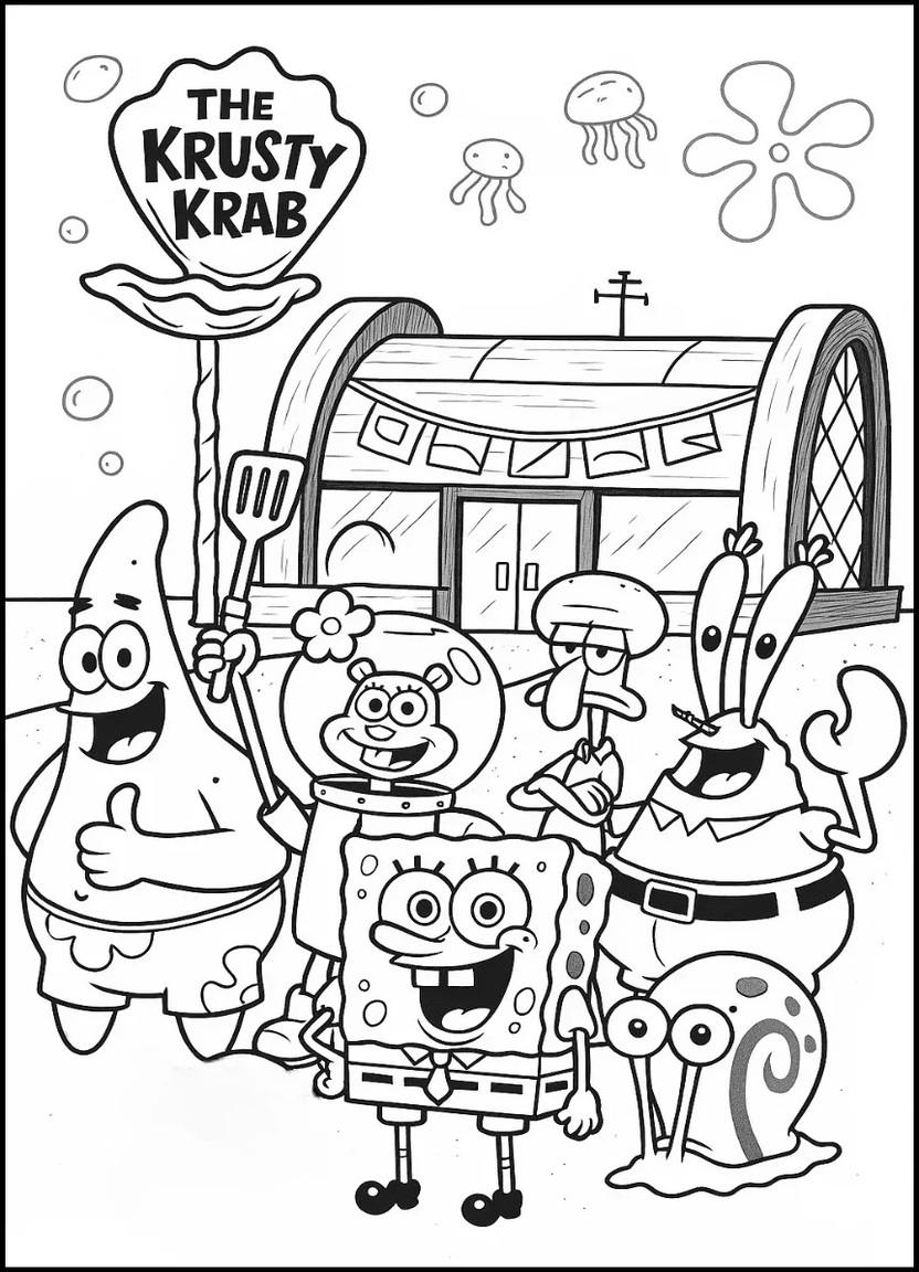 Bikini Bottom characters posing outside the Krusty Krab