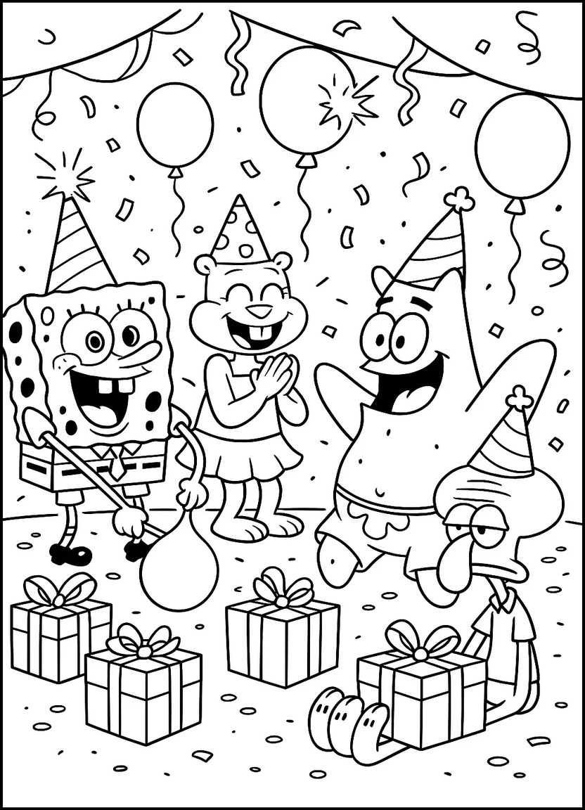 Bikini Bottom friends celebrating a birthday with balloons