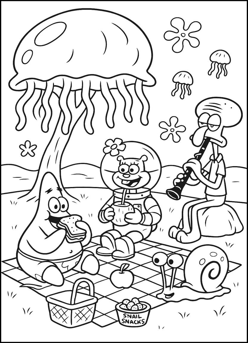Bikini Bottom picnic with Squidward playing music