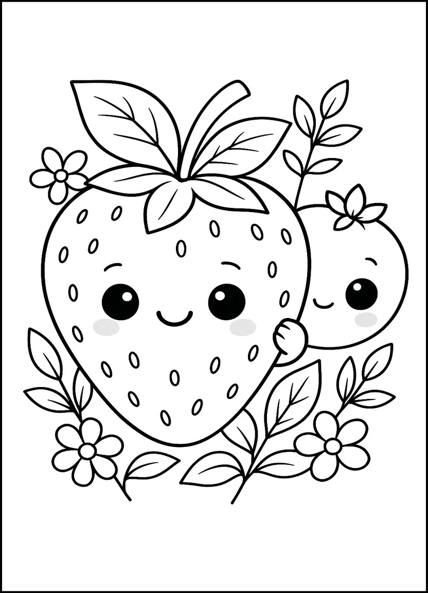 Blueberry hiding behind strawberry in a playful scene for coloring page