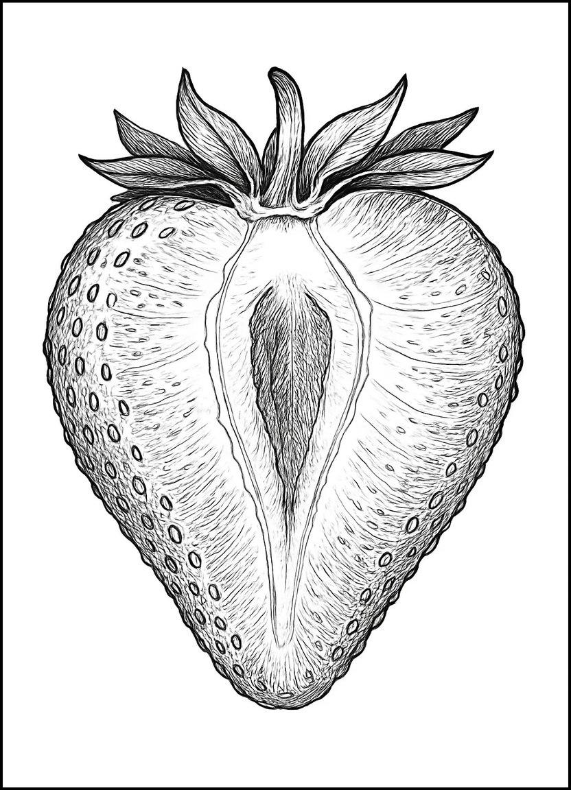 Botanical cross-section of a strawberry showing seeds and inner texture for coloring