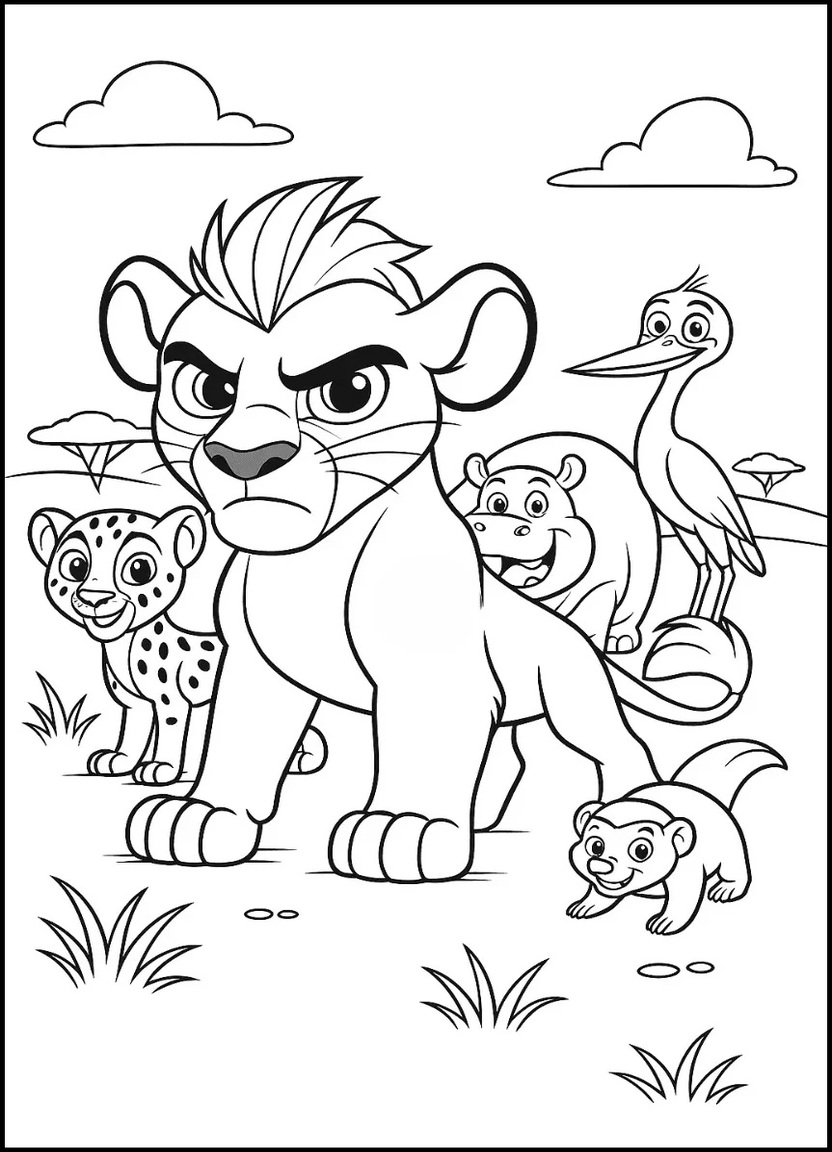  Brave lion cub leading animal friends, inspired by Kion from The Lion Guard.