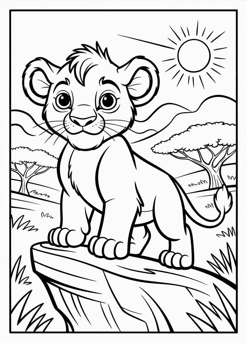 Cartoon Simba lion cub standing proudly on a rock with savanna background