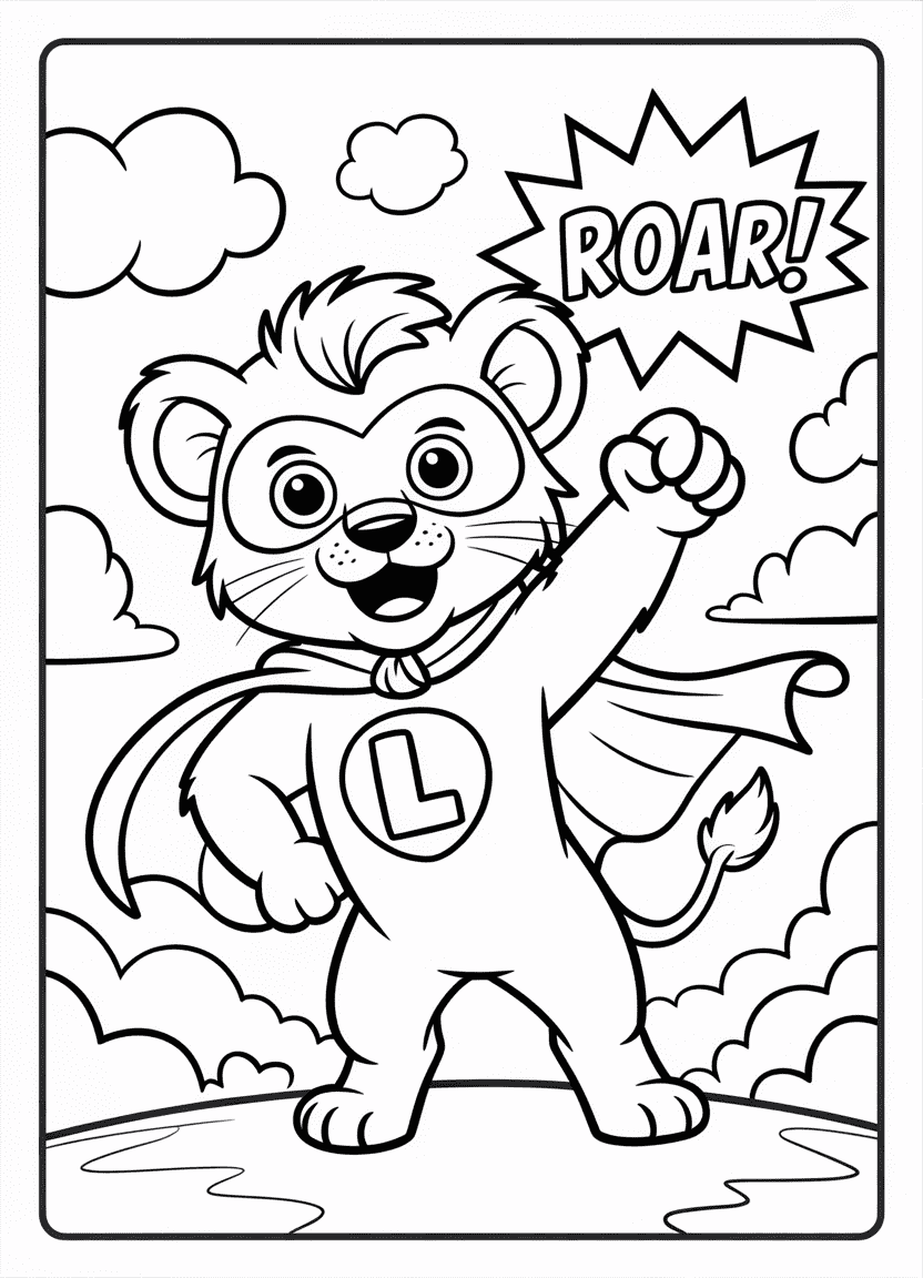 Cartoon lion cub in superhero costume standing proudly