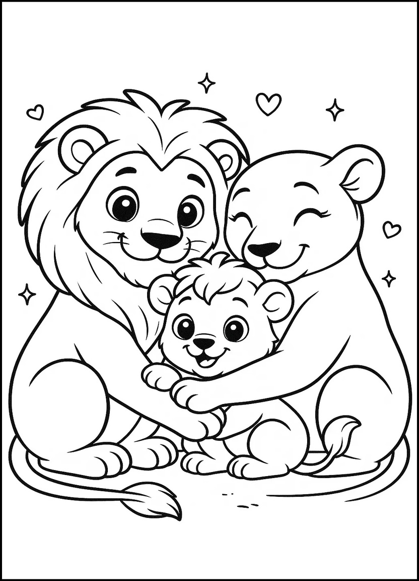 Cartoon lion family hugging with happy expressions