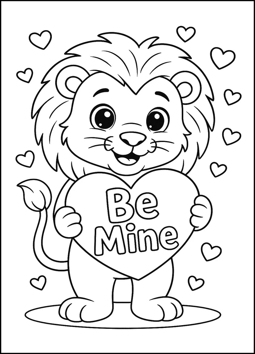 Cartoon lion holding a heart-shaped sign for Valentine’s Day.