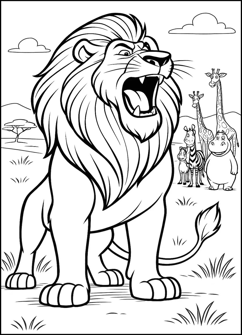 Cartoon lion roaring proudly in savanna, inspired by Zuba from Madagascar 2.