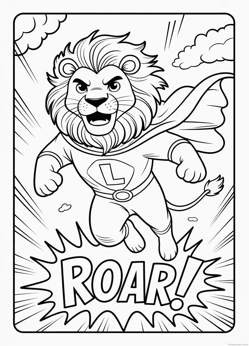 Cartoon lion superhero flying with a cape and mask
