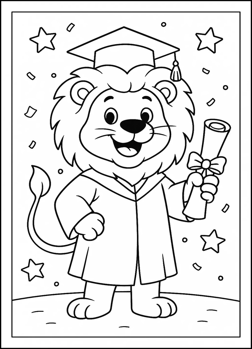Cartoon lion wearing graduation cap and holding diploma