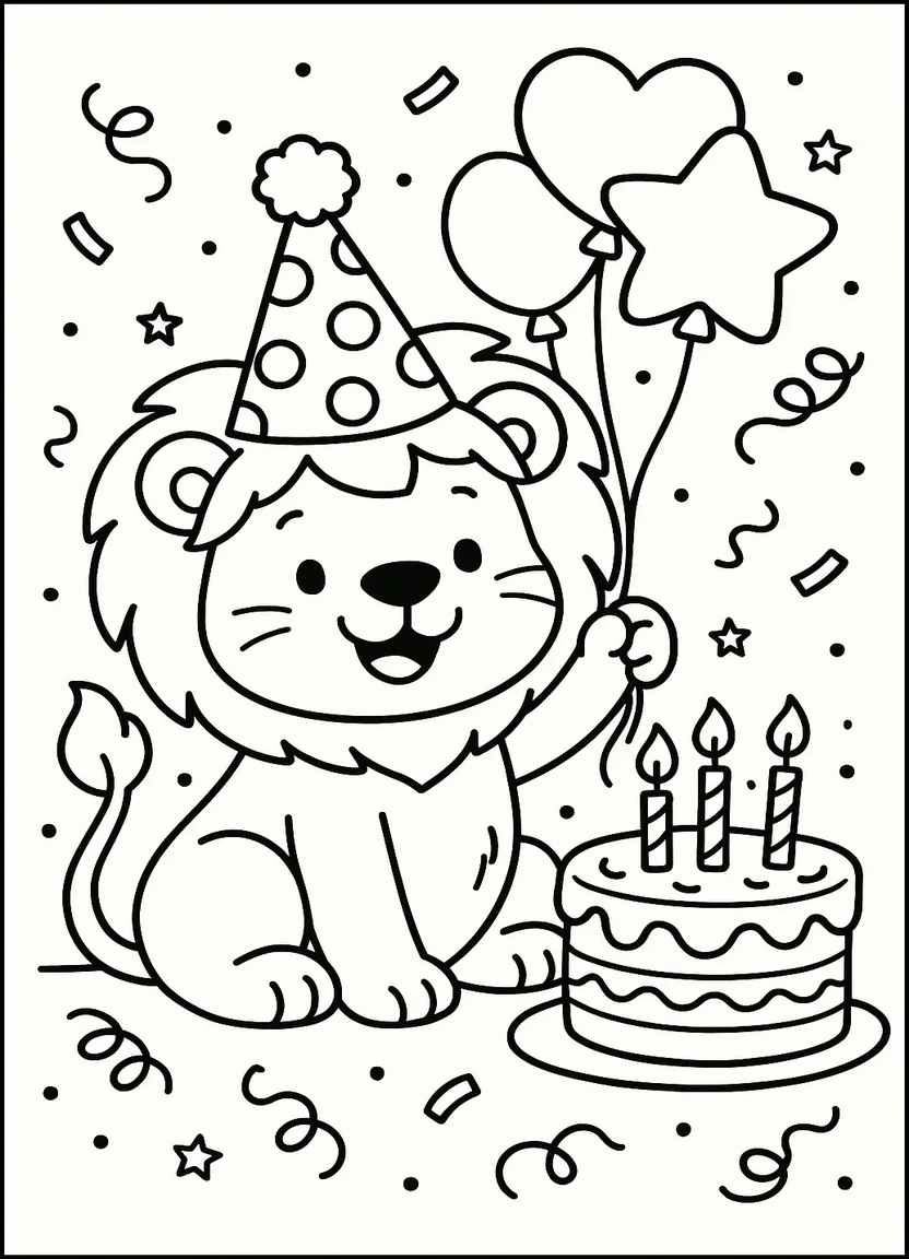 Cartoon lion with birthday hat, balloons, and a cake