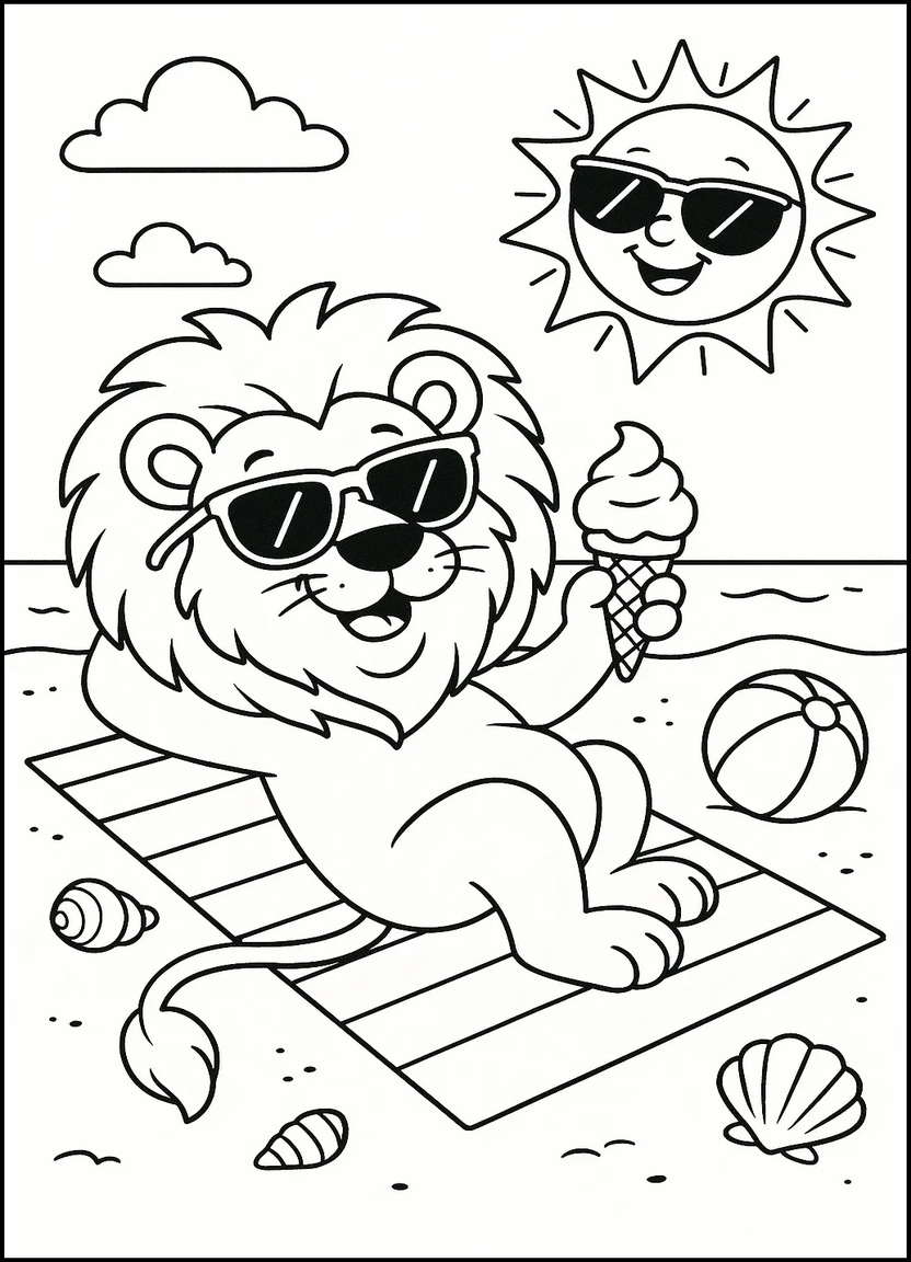 Cartoon lion with sunglasses and ice cream enjoying summer