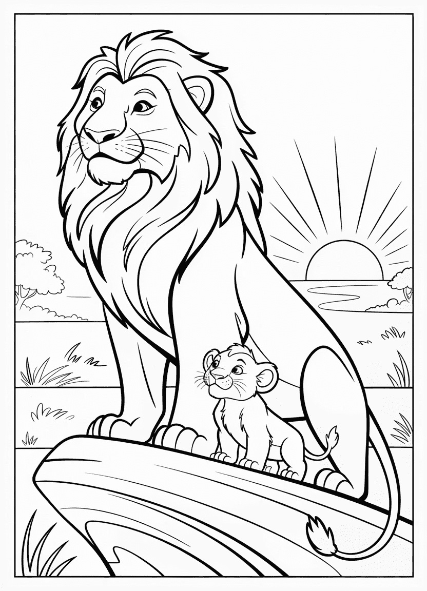 Cartoon-style Mufasa and Simba sitting on Pride Rock at sunrise