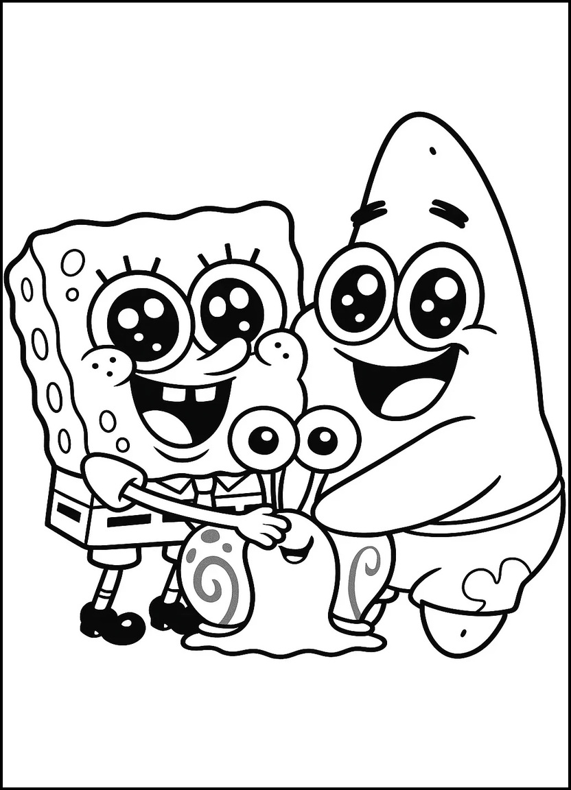 Chibi SpongeBob, Patrick, and Gary hugging