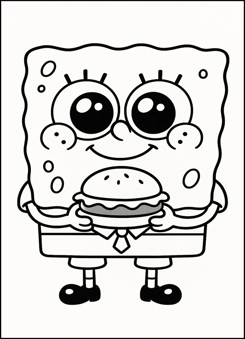 Chibi SpongeBob holding a Krabby Patty