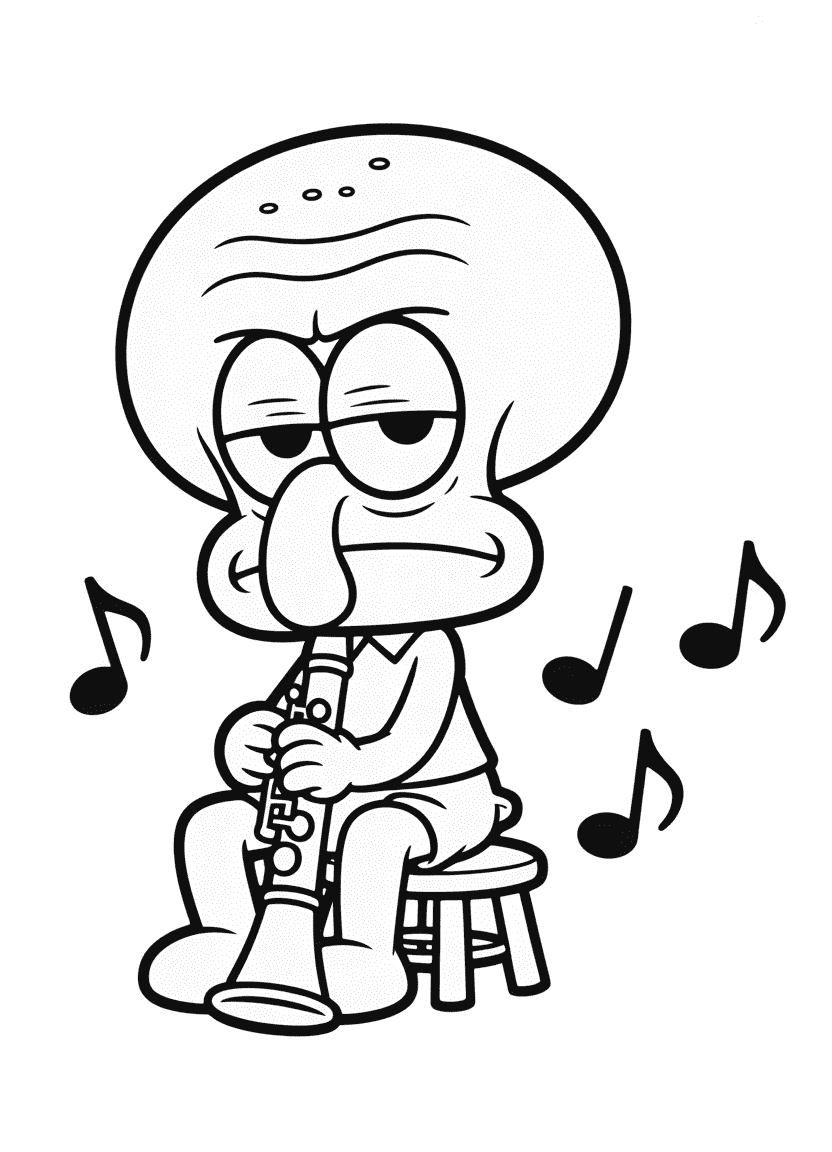 Chibi Squidward with a clarinet and pouty face