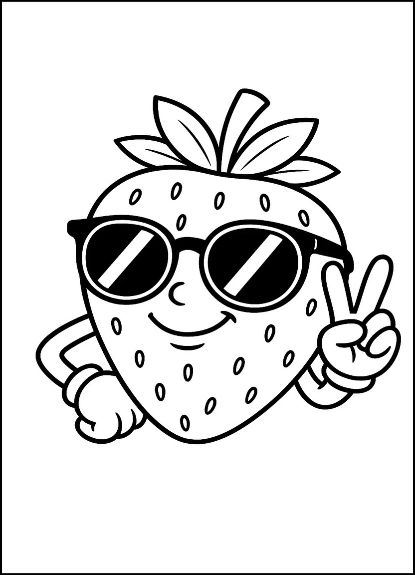 Cool strawberry character wearing sunglasses and flashing a peace sign for coloring