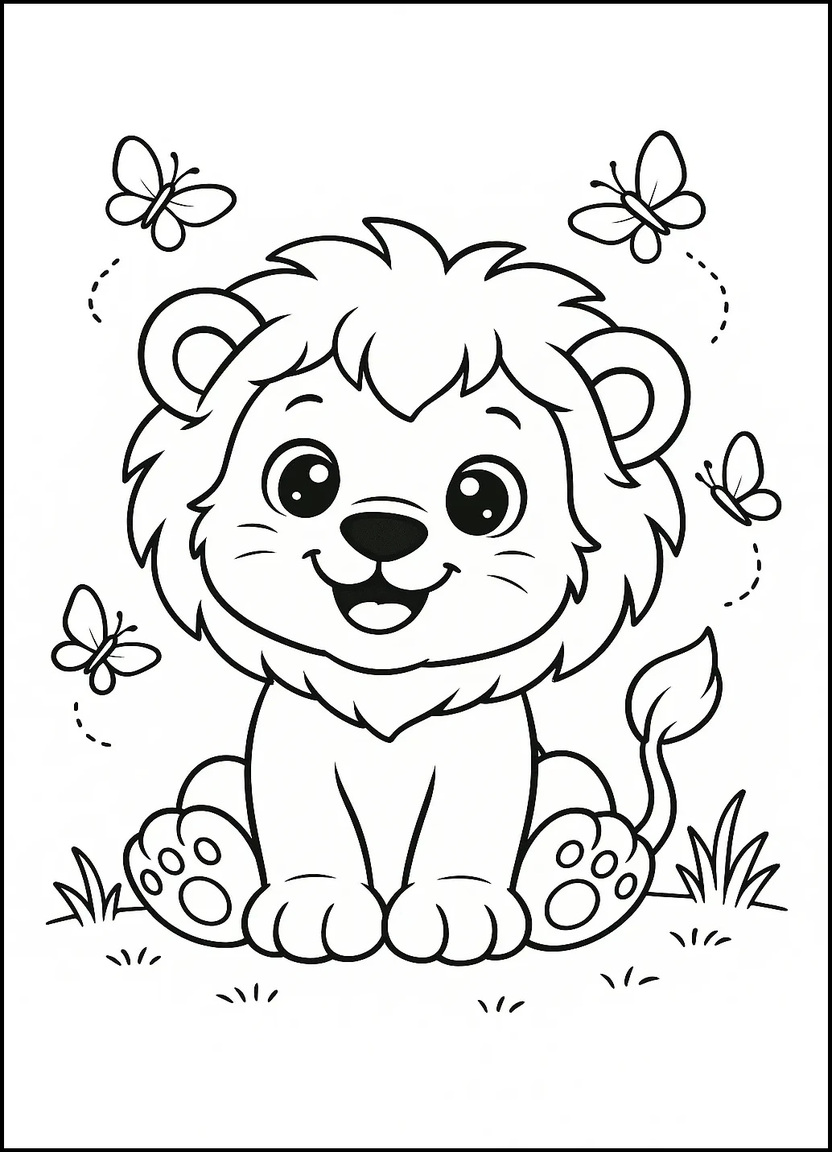 Cute cartoon lion cub sitting and smiling in the grass