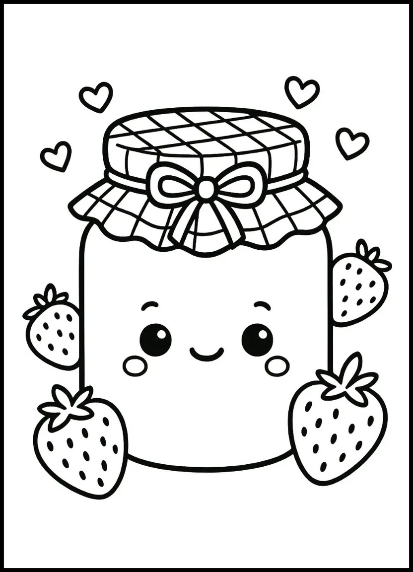 Cute jam jar with smiling face and strawberries around it for coloring page