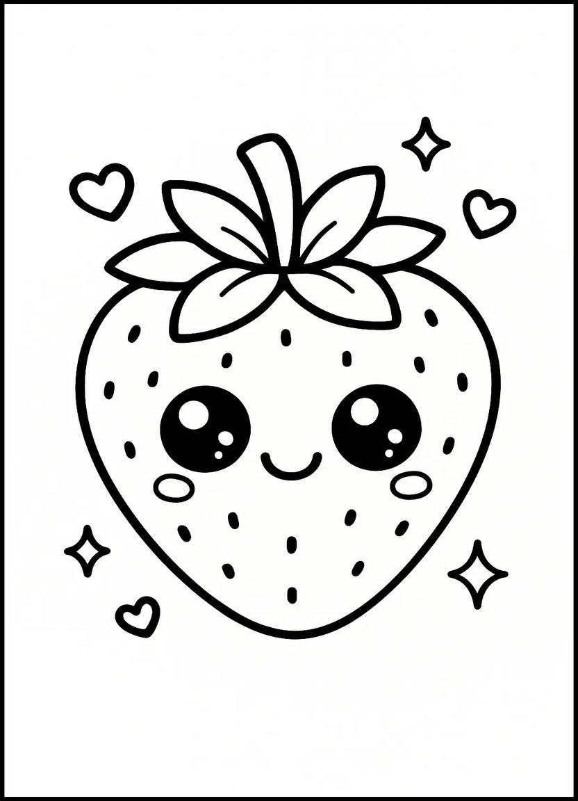 Cute kawaii strawberry with big eyes and a smiling face for coloring