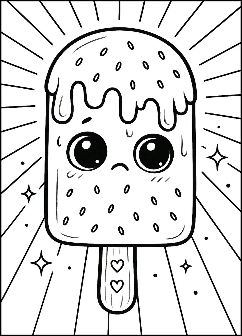 Cute melting strawberry popsicle with kawaii face for summer coloring page