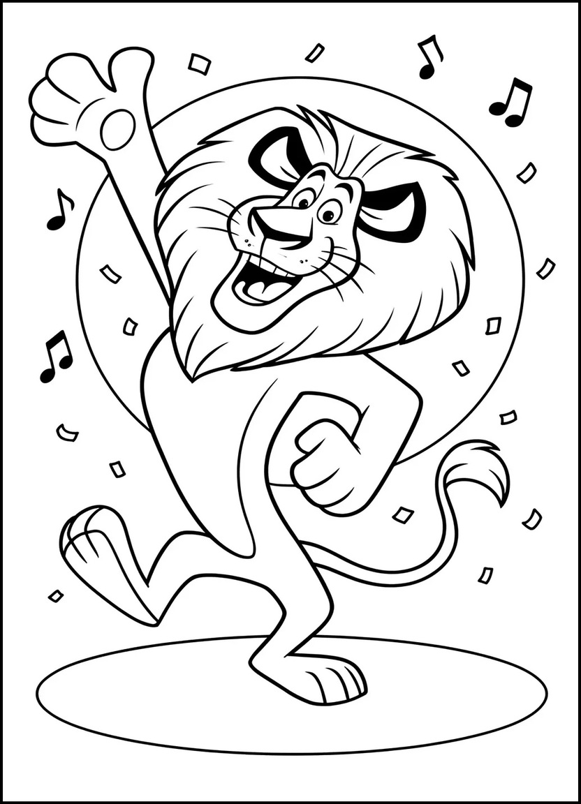 Dancing cartoon lion inspired by Alex from Madagascar