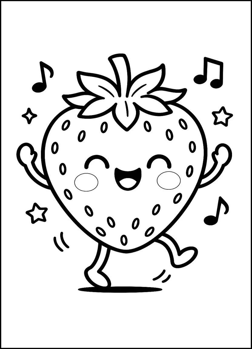 Dancing kawaii strawberry with music notes for kids to color
