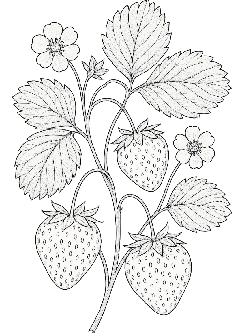 Detailed botanical illustration of a strawberry plant with leaves, flowers, and ripening fruit