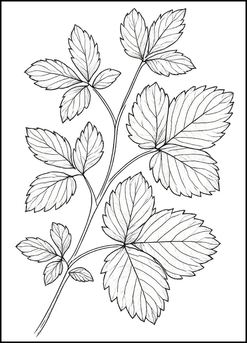 Detailed botanical illustration of strawberry leaves for coloring