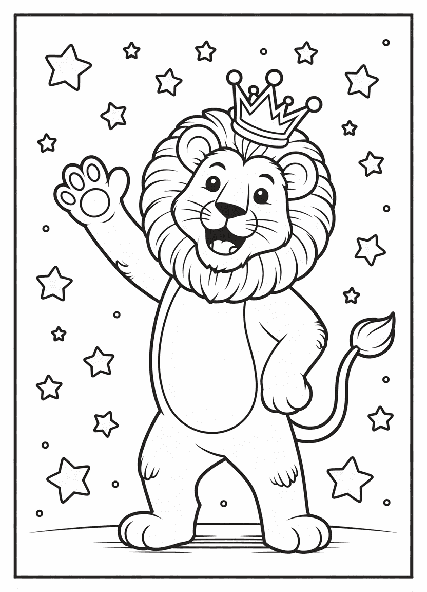 Friendly cartoon lion waving and smiling with a small crown