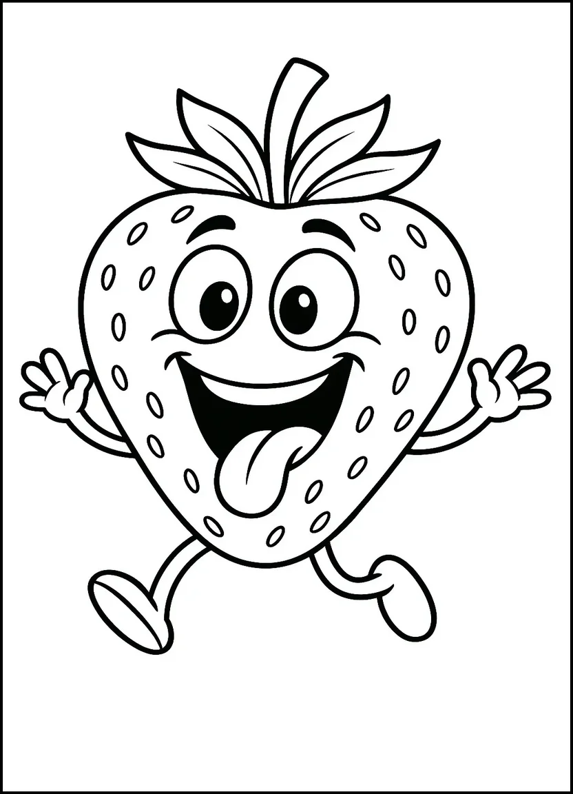Funny laughing strawberry character with big mouth and silly expression for coloring