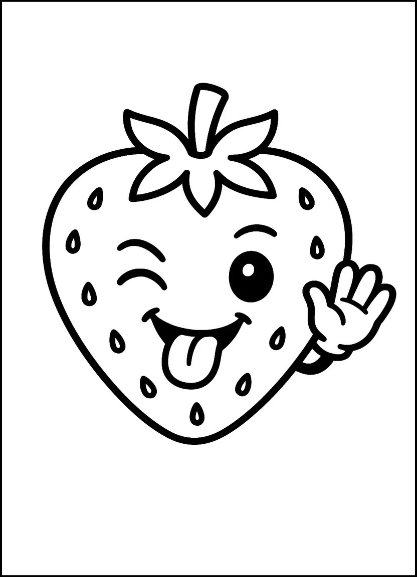 Funny strawberry character with tongue out and winking face for coloring