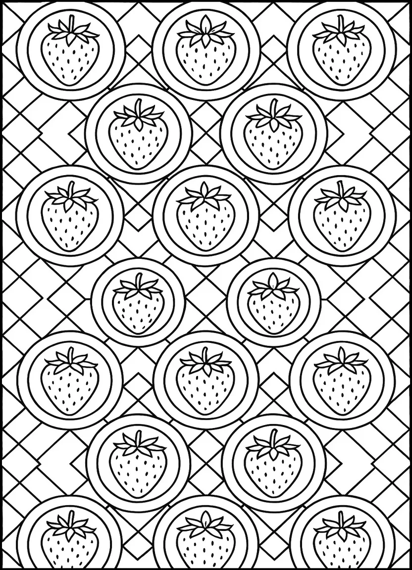 Geometric strawberry pattern with repeating shapes for mindful coloring