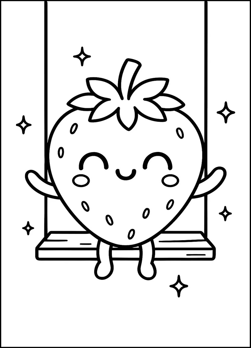 Happy kawaii strawberry sitting on a swing coloring page