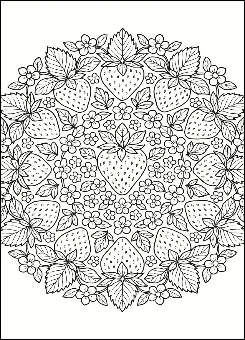 Intricate strawberry mandala with leaves and floral accents for detailed coloring