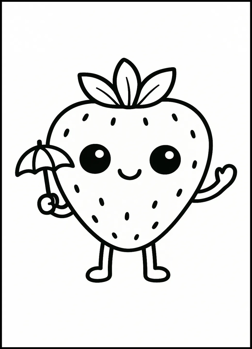 Kawaii strawberry holding an umbrella for a fun coloring activity