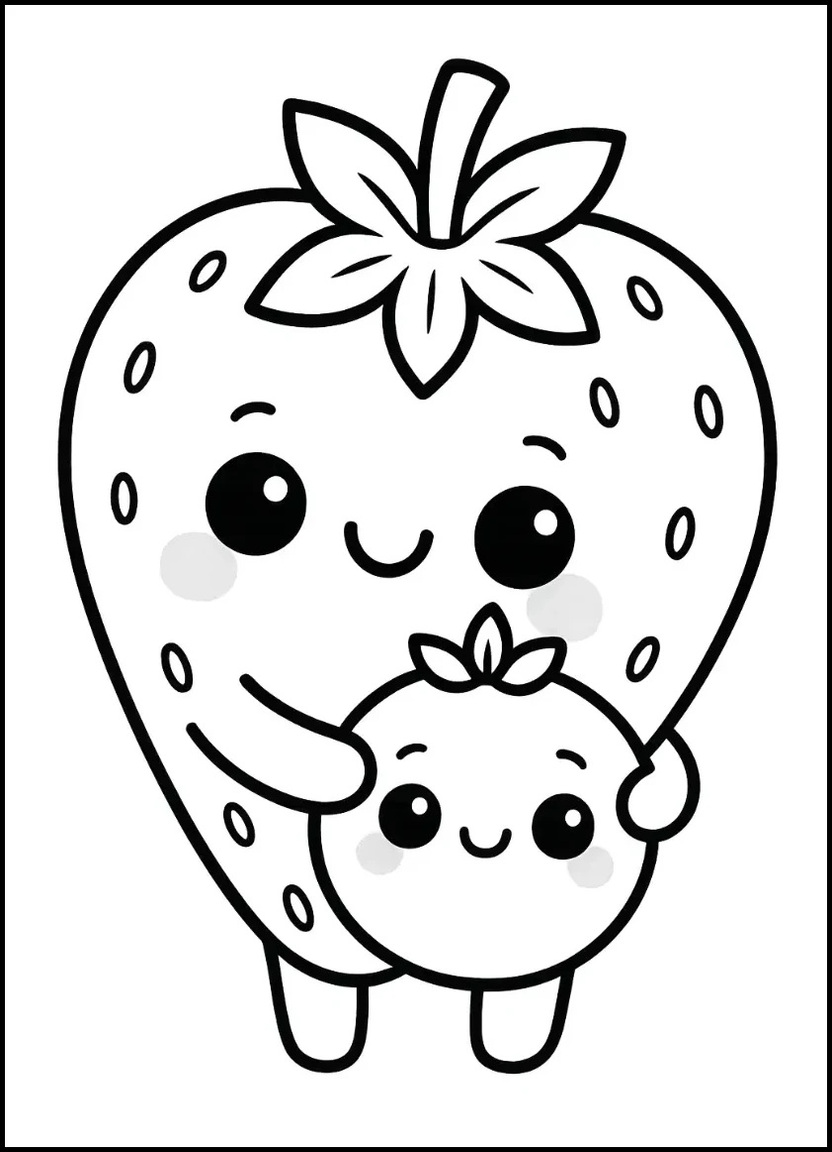 Kawaii strawberry hugging blueberry with happy faces for coloring page