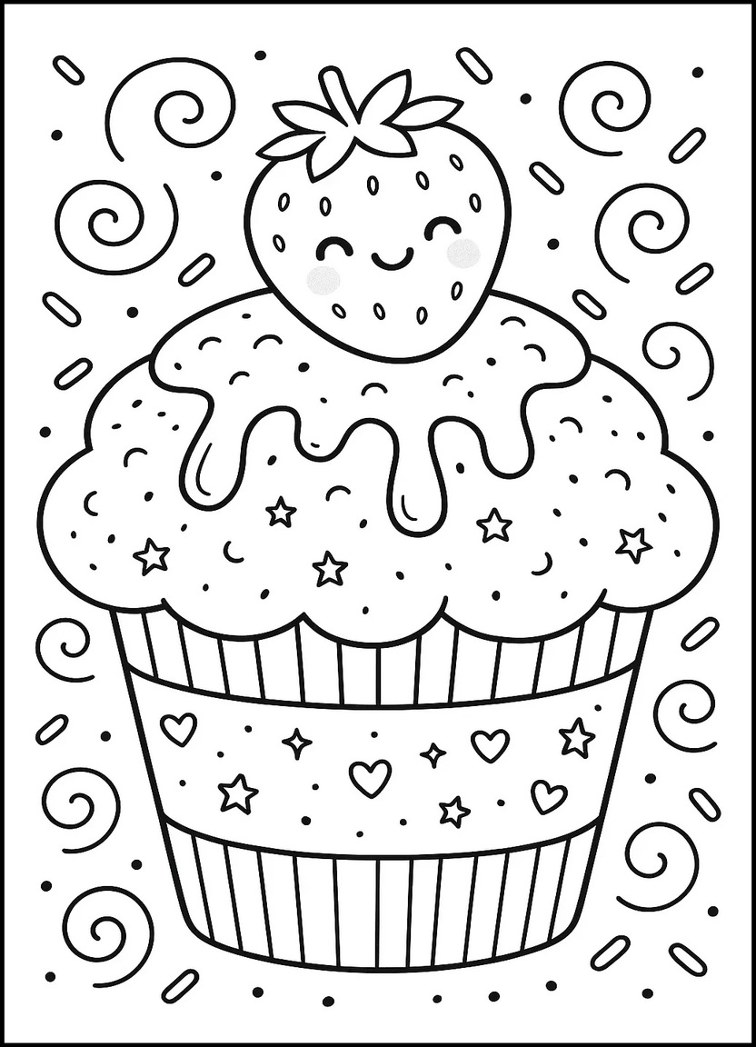 Kawaii strawberry muffin with icing and cute face for coloring