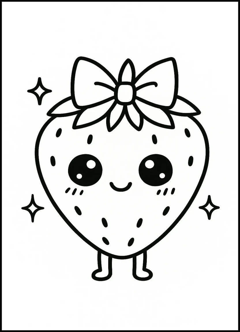 Kawaii strawberry with a bow and sparkles for coloring