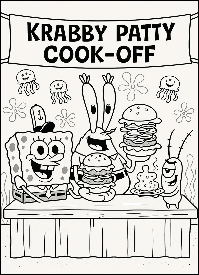Krabby Patty competition with SpongeBob, Krabs, and Plankton