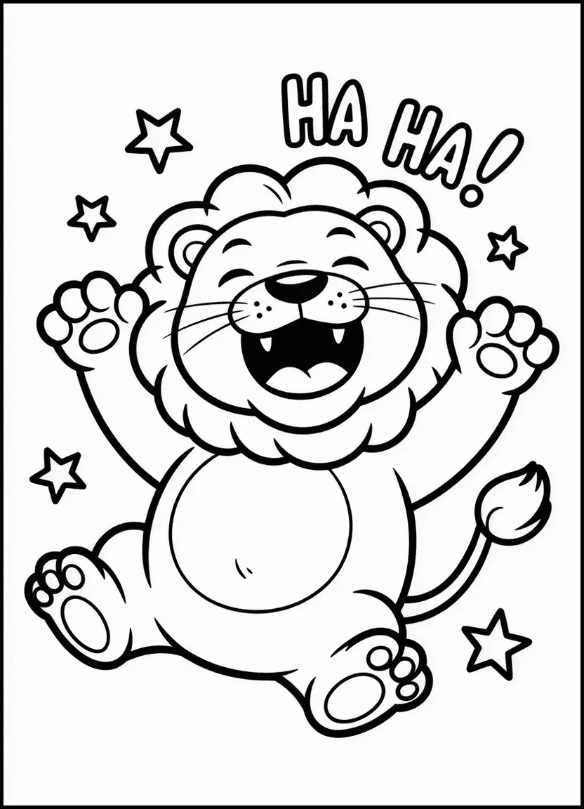 Laughing cartoon lion lying on its back with paws up