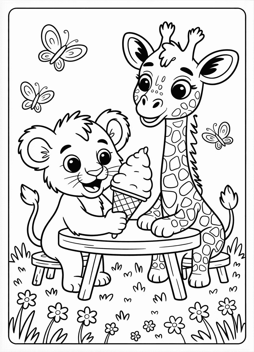 Lion cub and giraffe sharing ice cream at a picnic