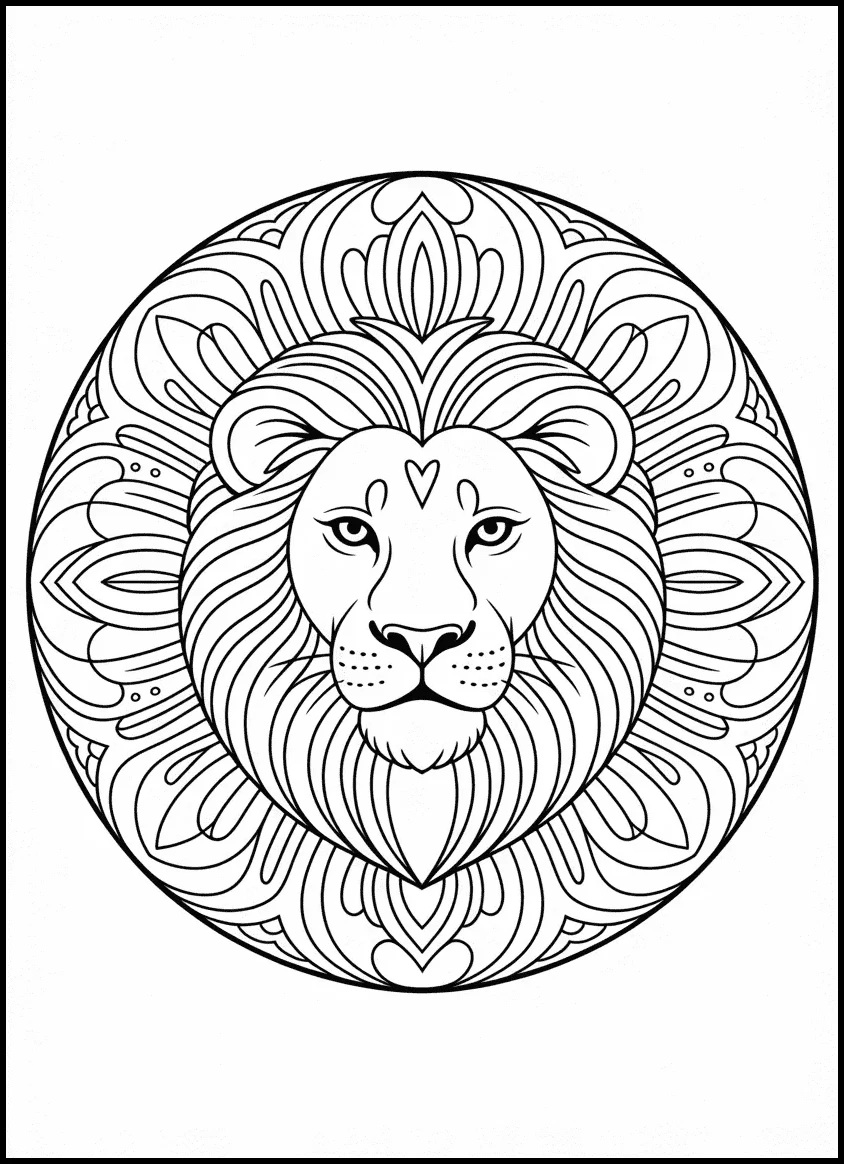 Lion face mandala with tribal design and detailed patterns
