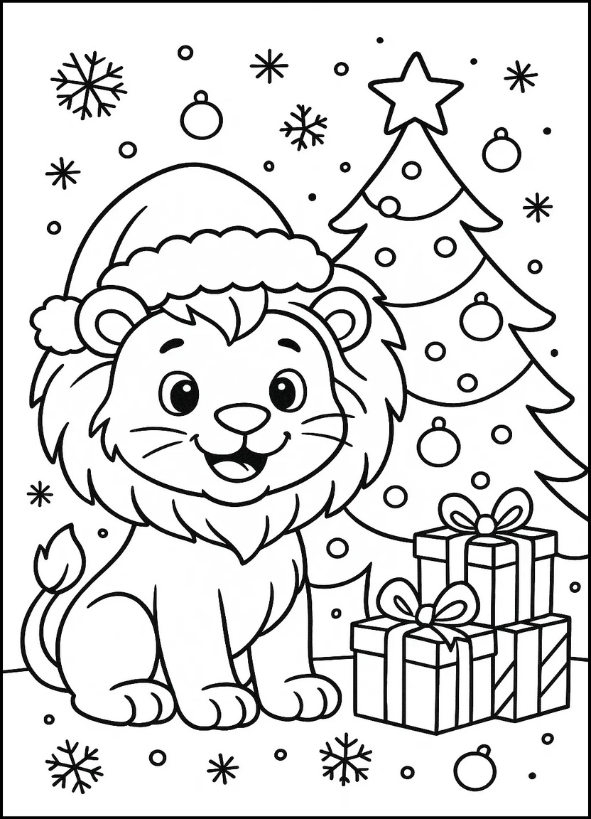 Lion wearing Santa hat with Christmas tree and gifts.
