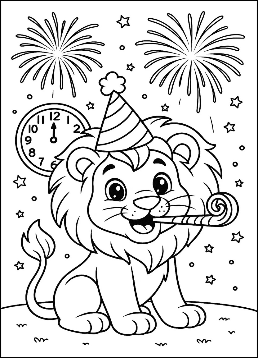  Lion with party blower and New Year’s hat under fireworks.